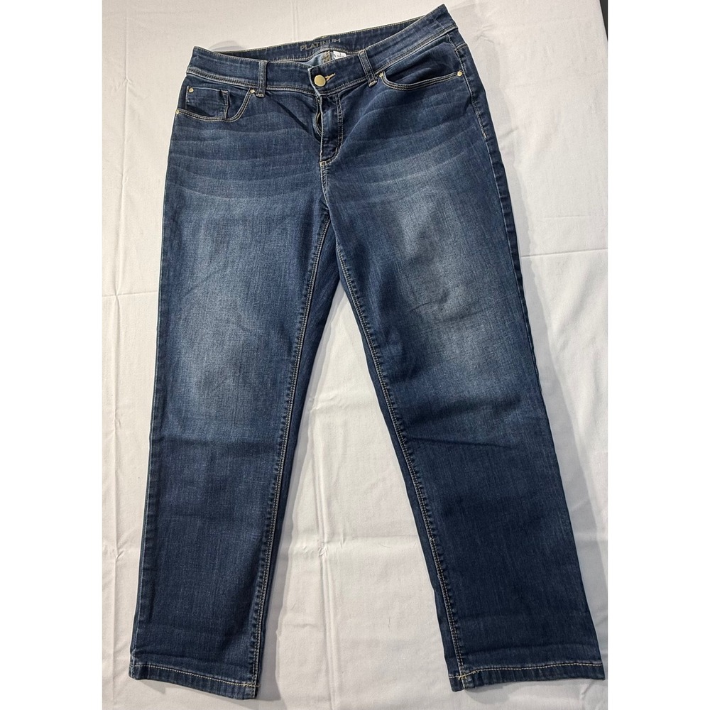 Chicos Platinum Ultimate Fit Jeans Size 1 Dark Wash Embellished Straight Leg